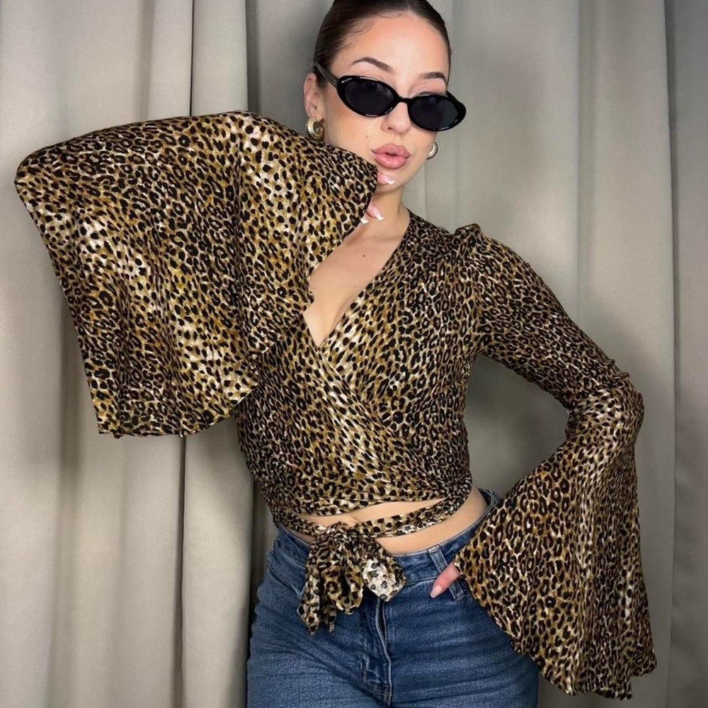 OOTDFash Leopard Print Bell Sleeve Wrap Blouse